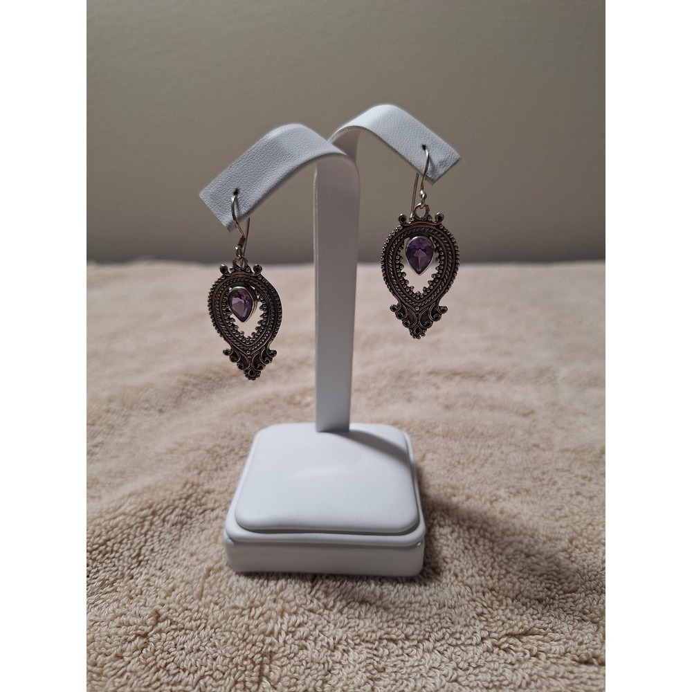 Amethyst Rose de France drop dangle earrings in sterling silver Artisan Crafted
